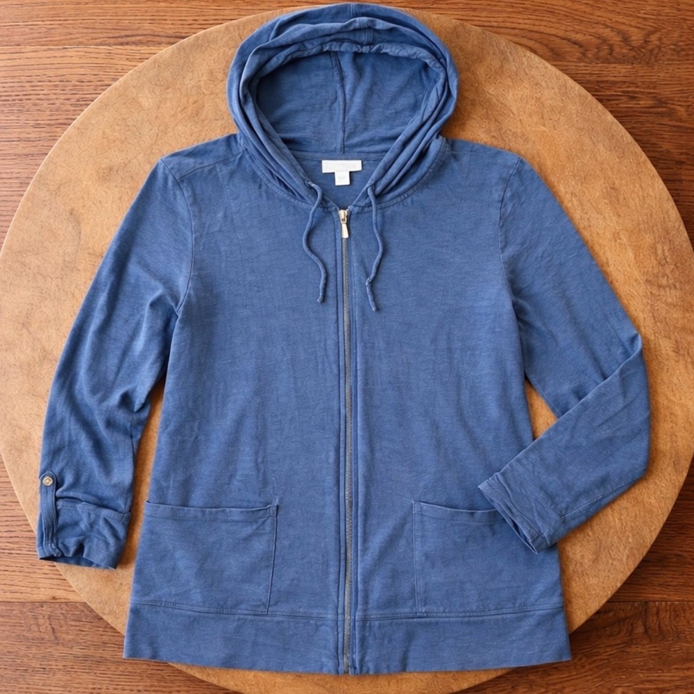 J. Jill Blue Zip-Up Hooded Jacket | Lightweight Casual Hoodie Layer | Size Large - Picture 2 of 6